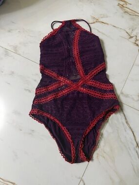 BECCA Purple One-Piece Swimsuit with Red Trim